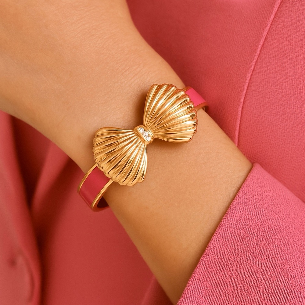 Lilly Pulitzer Gold Bow Cuff Bracelet Pink Enamel Rhinestone Preppy Chic